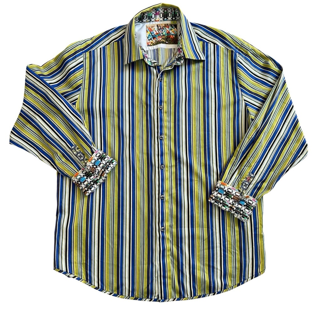 Robert Graham Button Shirt Mens 2XL Blue Green Stripe Mosaic Contrast Flip Cuff